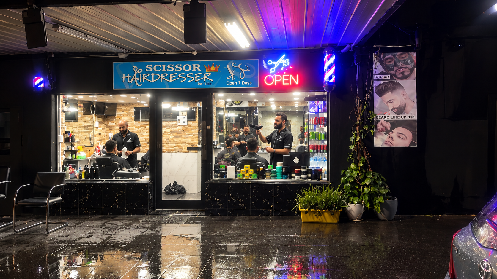 Scissor King Hairdressing shopfront on Heggie Lane, Punchbowl at night